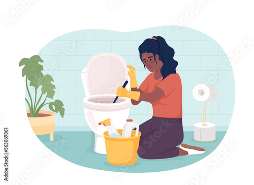Bathroom cleaning chore 2D vector isolated illustration. Woman scraping toilet with brush and detergents flat character on cartoon background. Colorful editable scene for mobile, website, presentation