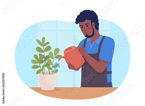 Housekeeper taking care of houseplants 2D vector isolated illustration. Man watering plants regularly flat character on cartoon background. Colorful editable scene for mobile, website, presentation