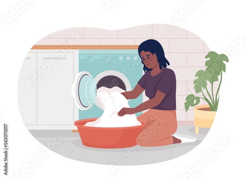 Taking clothes out of washing machine 2D vector isolated illustration. Woman putting laundry in washer flat character on cartoon background. Colorful editable scene for mobile, website, presentation