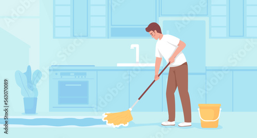 Cleaning kitchen floor at home flat color vector illustration. Man mopping surface after cooking dinner. Fully editable 2D simple cartoon character with light blue interior on background