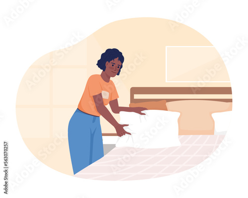 Making bed after waking up in morning 2D vector isolated illustration. Smiling girl fluffing pillow flat character on cartoon background. Colorful editable scene for mobile, website, presentation