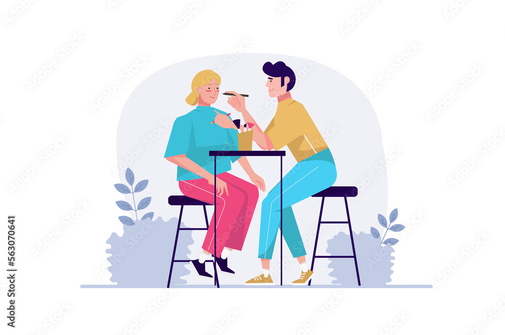 Creative worker concept with people scene in the flat cartoon design. Make-up artist selects evening make-up and hairstyle for the client. Creative worker concept with people scene in the flat cartoon design. Make-up artist selects evening make-up and hairstyle for the client.