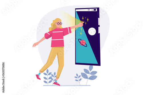 Concept Cyberspace with people scene in the flat cartoon design. Girl entered the virtual space with the help of the smartphone and modern digital technologies.