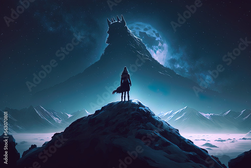 Mystical Woman Standing Triumphantly on a Wolf Against the Night Sky