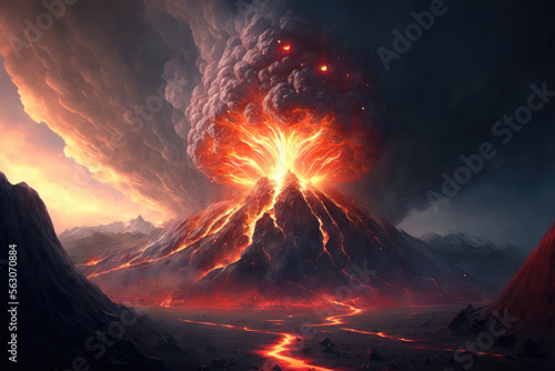 a super volcano erupts, end of the world, apocalypse, explosion. Generative AI
