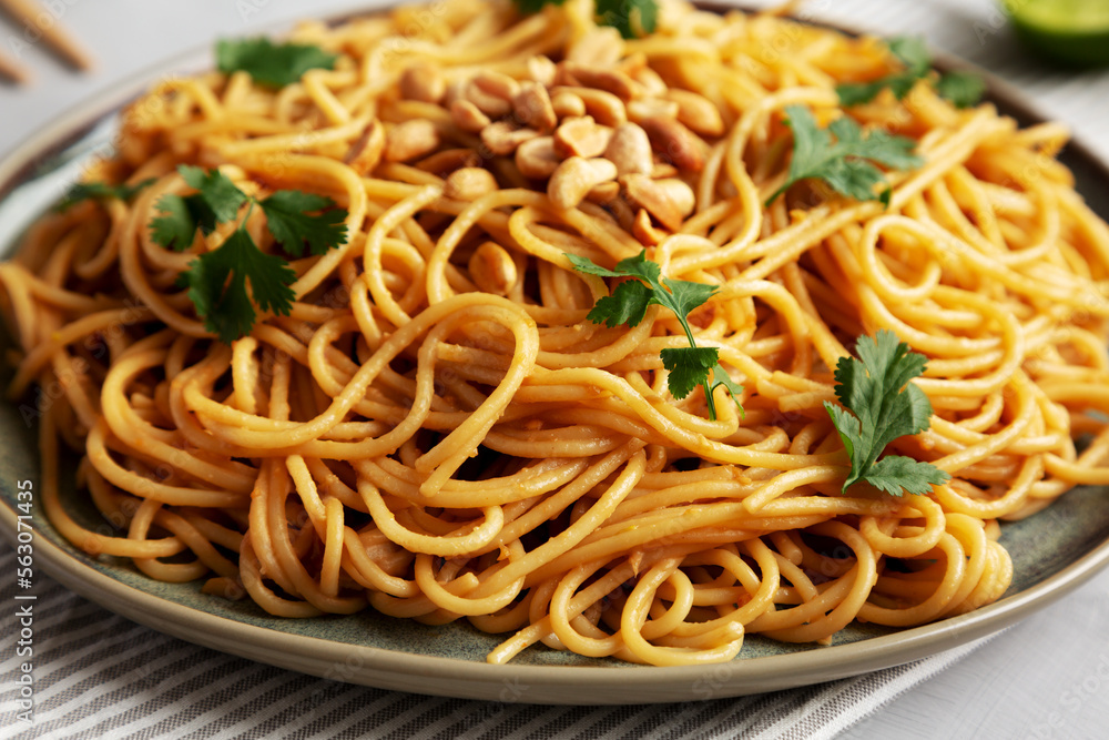 Homemade Asian Peanut Sauce Noodles on a Plate, side view. Close-up. Homemade Asian Peanut Sauce Noodles on a Plate, side view. Close-up.