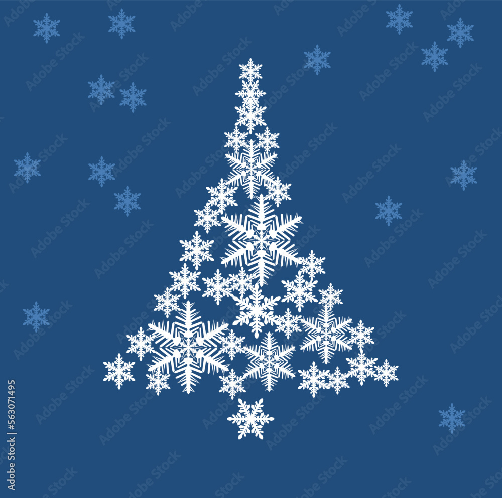 Herringbone made of white snowflakes on a dark blue one. Happy New Year. Vector image of a Christmas symbol. Christmas tree.