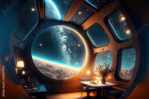 Fototapeta Naklejka Na Ścianę i Meble -  Futuristic spaceship cockpit interior. Future spacecraft control panels technology, space travel concept ,made with Generative AI