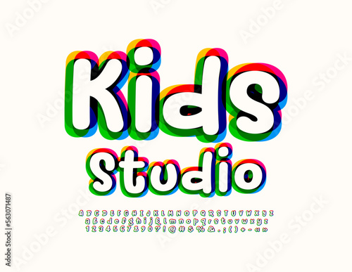 Vector bright Emblem Kids Studio. Creative handwritten Font. Playful style Alphabet Letters and Numbers set.