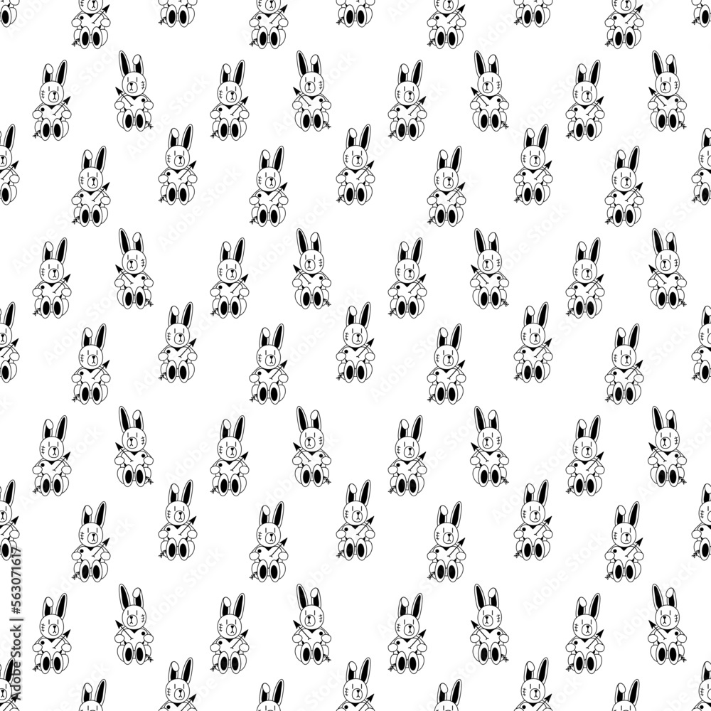 Tattoo rabbit with heart pattern in the style of the 90s, 2000s. Black and white seamless pattern illustration.