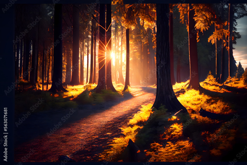 Fototapeta premium Beautiful nature woodland scene and sun rays hitting the dark trees