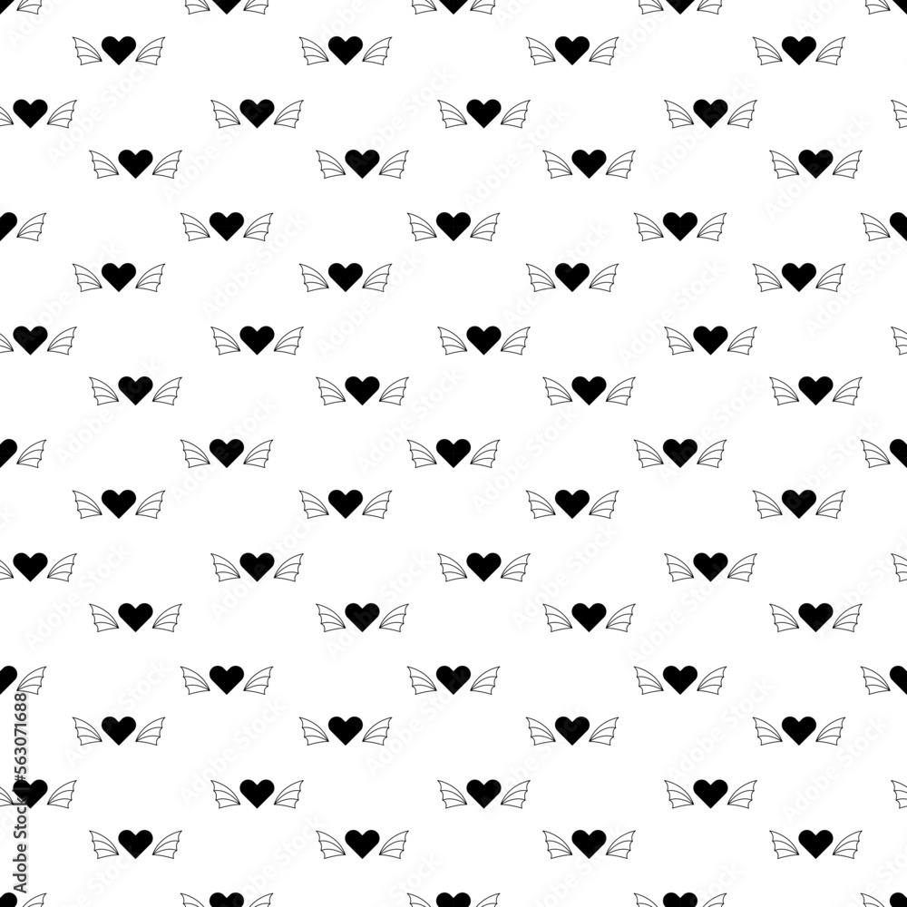 Tattoo heart with wings pattern in the style of the 90s, 2000s. Black and white seamless pattern illustration. Tattoo heart with wings pattern in the style of the 90s, 2000s. Black and white seamless pattern illustration.