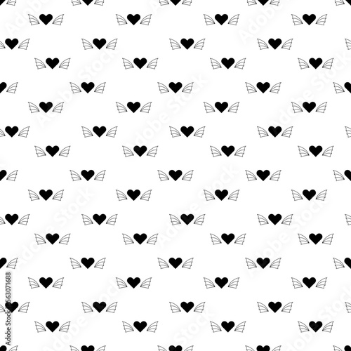 Tattoo heart with wings pattern in the style of the 90s, 2000s. Black and white seamless pattern illustration.