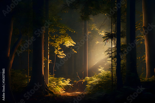 Beautiful nature woodland scene and sun rays hitting the dark trees