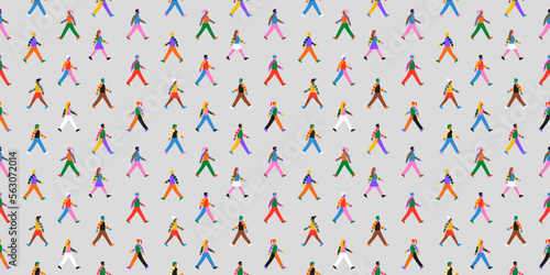 Diverse colorful people group walking together seamless pattern illustration. Rainbow color character crowd background for friendship or team work concept. Different ethnic culture wallpaper texture.