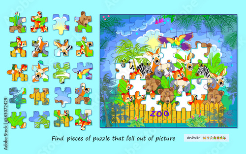 Logic game for children and adults. Find pieces of puzzle that fell out of picture. Page for kids brain teaser book. Task for attentiveness. Developing spatial thinking. Play online. Vector image.