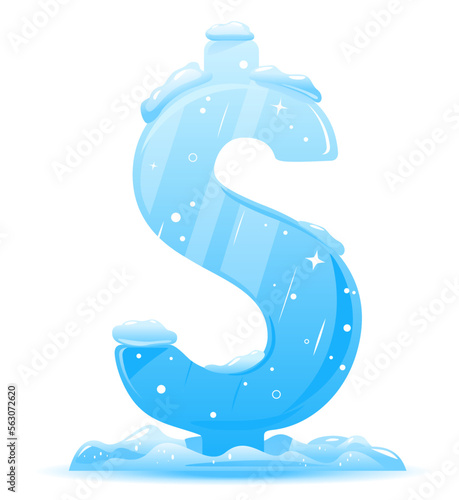 Ice dollar sign frozen and stand on white background, freezing rate conceptual illustration