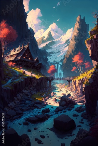 Fantasy village with bridge with mountains in the background ,made with Generative AI © DNY3D