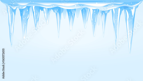 Blue frozen icicle cluster hanging down on top of blue background, big quality detailed group of yellow dry leaves isolated, carefully drop the icicles