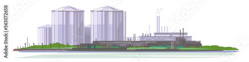 Oil production plant with storage tanks, petrochemical plant, big oil refinery in flat style isolated, manufacturing with metallic constructions