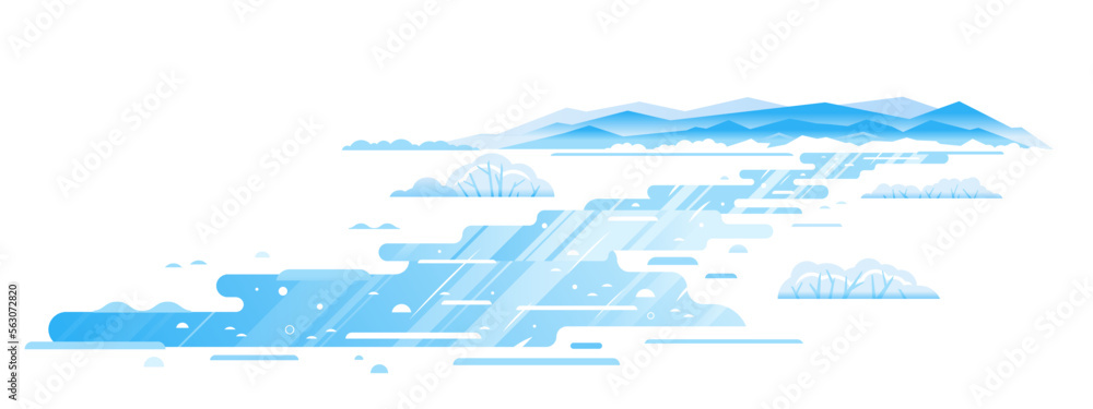Winding mountain river frozen in winter, winter landscape flat illustration in sample geometric shapes, frozen mountain stream isolated