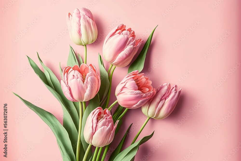 Tulip flowers fresh in the spring bouquet against pink background ,made with Generative AI Tulip flowers fresh in the spring bouquet against pink background ,made with Generative AI