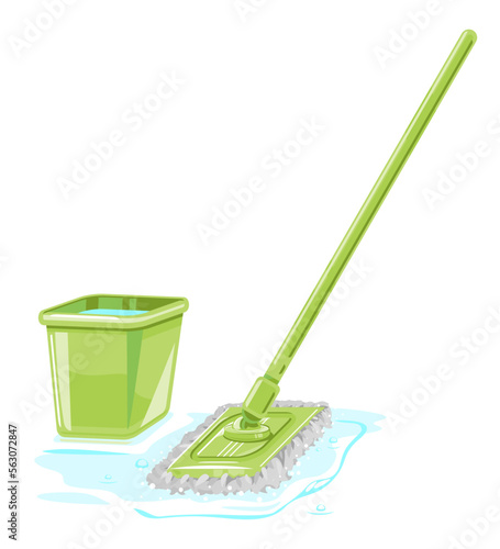 One green rectangular floor mop with long handle cleans tile on the floor from dirt with green plastic bucket isolated illustration, modern flat mopping system for wet cleaning, slippery floor