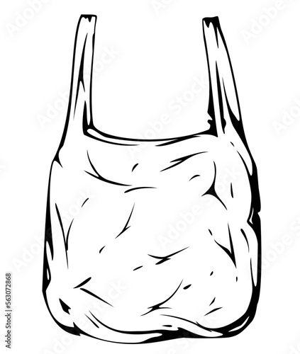 One empty plastic disposable bag with handles isolated illustration, black and white disposable bag, plastic shopping bag, plastic grocery bag