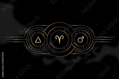 ARIES zodiac horoscope astrology label with element, planet icon glyph. Thin line sign symbol art design vector illustration