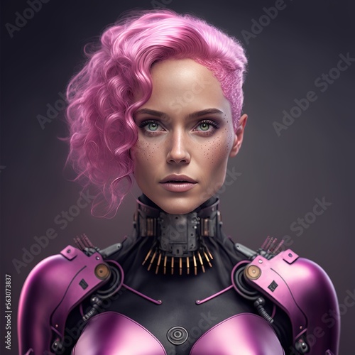 Beautiful woman with pink hair, cyberpunk style ,not a real person, made with Generative AI
