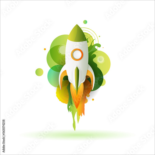 Cartoon green rocket flying in space. Spaceship rocket icon isolated on white background. Catroon space shuttle for startup business concept. Vector simple illustration