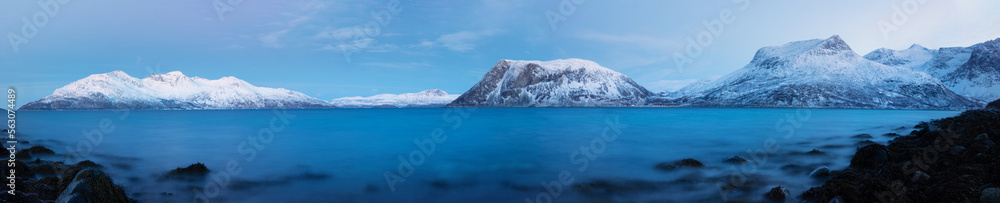 Beautiful panoramic view of fjord and mountains near Tromso, Norway Beautiful panoramic view of fjord and mountains near Tromso, Norway