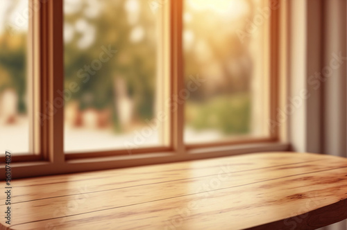 wooden table and blurred window background  aesthetic minimalist background