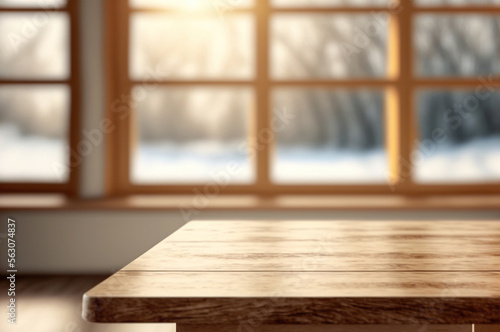 wooden table and blurred window background  aesthetic minimalist background