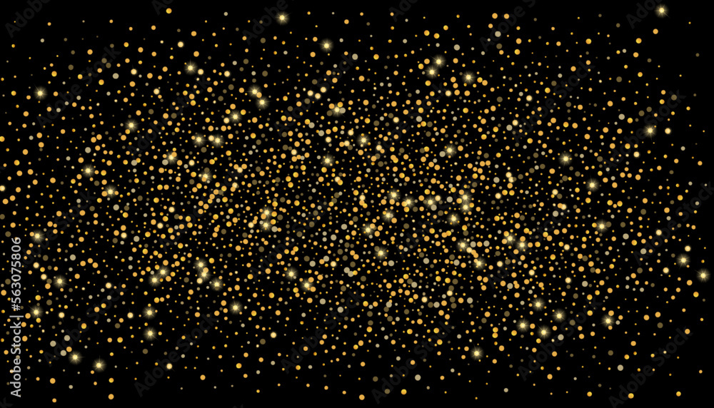 Gold glitter confetti on a black background. Shiny particles scattered, sand. Decorative element. Luxury background for your design, cards, invitations, vector Gold glitter confetti on a black background. Shiny particles scattered, sand. Decorative element. Luxury background for your design, cards, invitations, vector