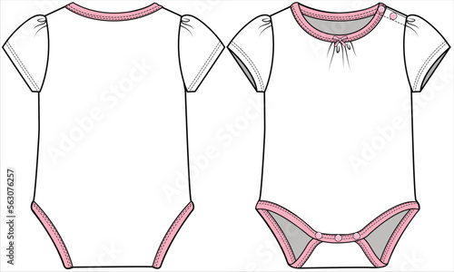 PUFFED SHORT SLEEVES GATHERS ON NECKLINE WITH BOW DETAIL ONESIES FOR BABY GIRLS AND TODDLER GIRLS IN EDITABLE VECTOR FILE