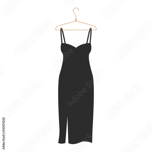 Stylish dress on hanger. Cartoon classic female clothes, elegant black dress, flat fashion apparel. Vector illustration