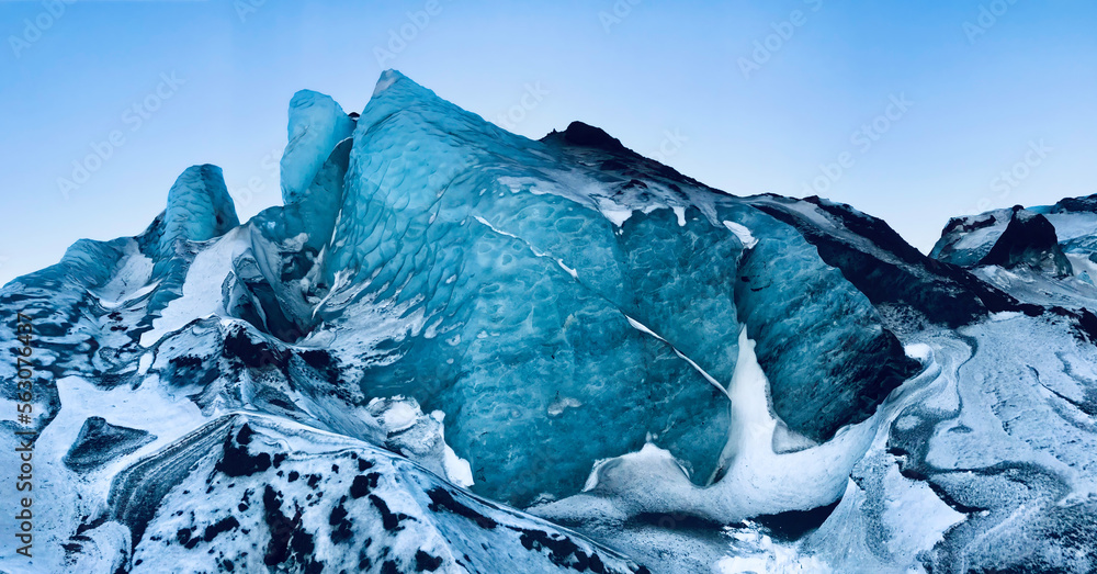 Icelandic Glacier with With Snow and Black Volcanic Dust, Wide Closeup, Looking Upwards Angle