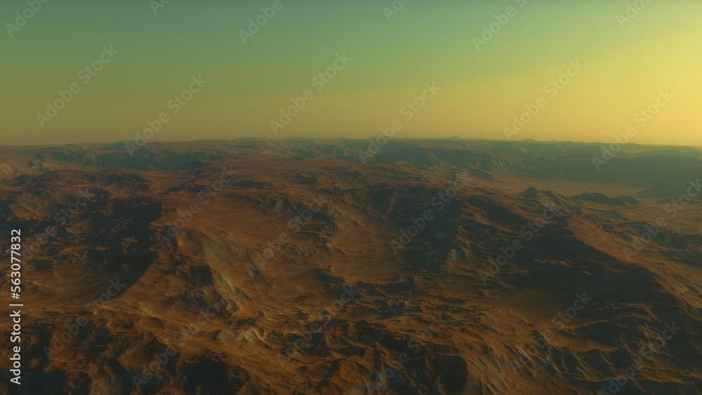 Mars like red planet, with arid landscape, rocky hills and mountains, for space exploration and science fiction backgrounds.
