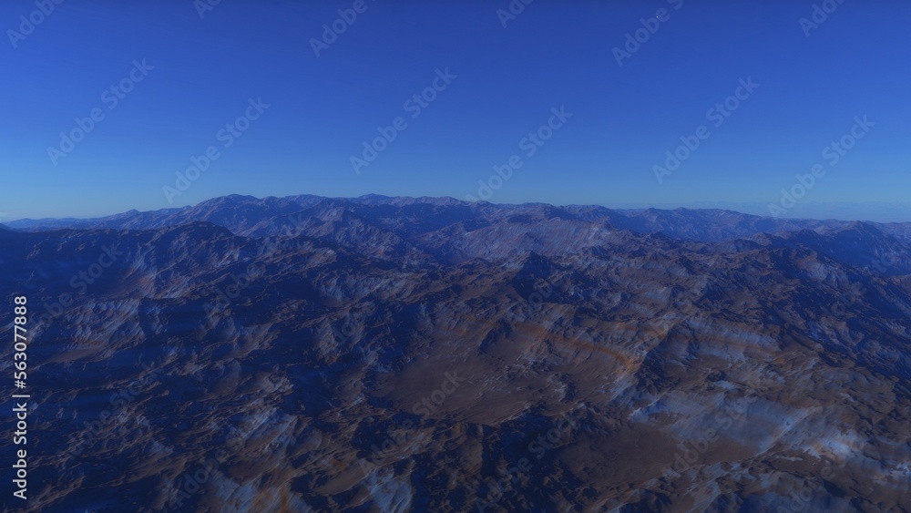 Naklejka premium Mars like red planet, with arid landscape, rocky hills and mountains, for space exploration and science fiction backgrounds.