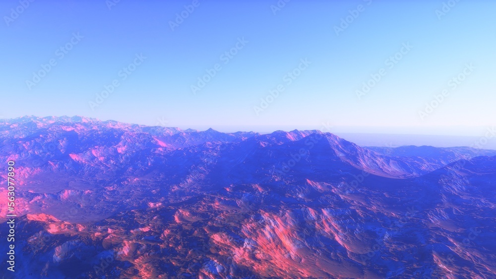 Fototapeta premium Mars like red planet, with arid landscape, rocky hills and mountains, for space exploration and science fiction backgrounds. 