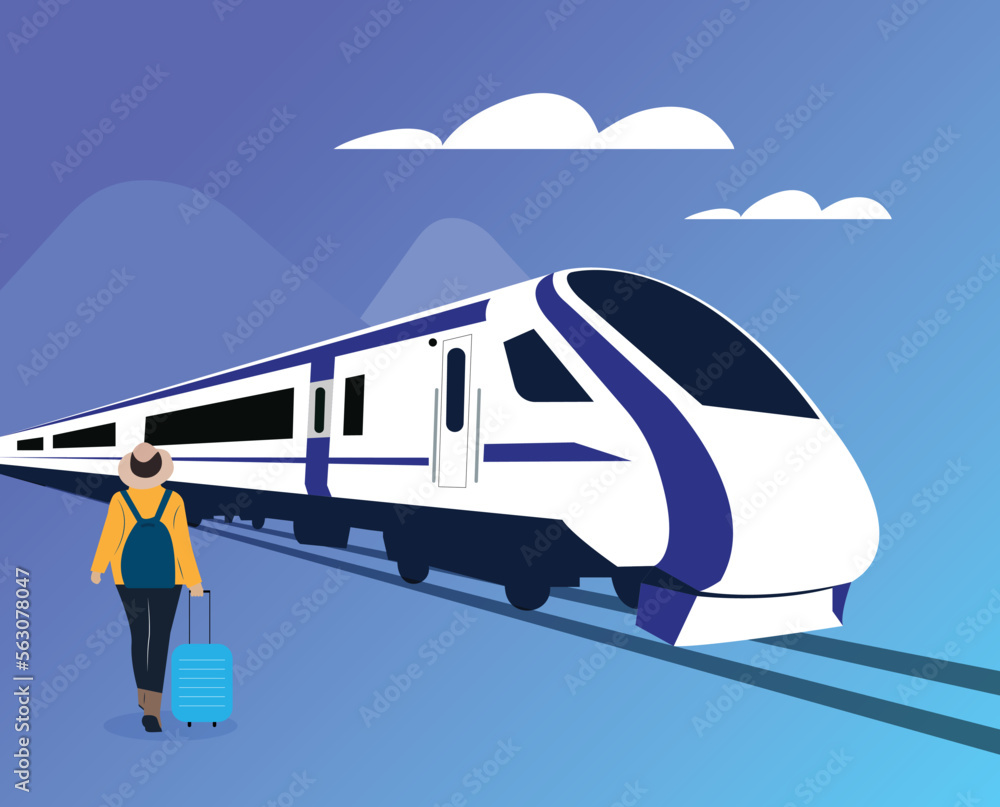 Passenger going towards Indian bullet train. Travel in Indian railway concept vector.