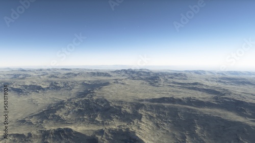 Mars like red planet  with arid landscape  rocky hills and mountains  for space exploration and science fiction backgrounds. 