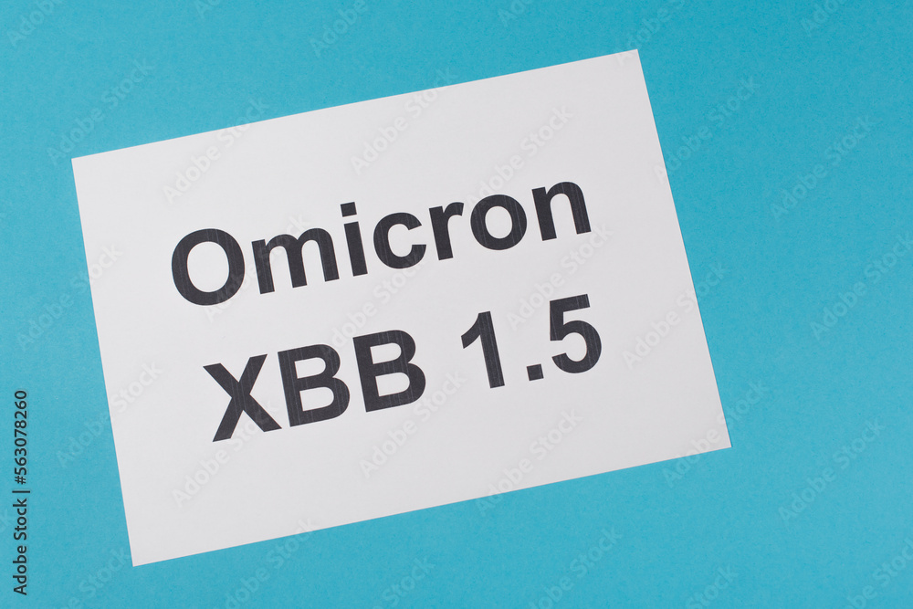Top view of paper with omicron xbb lettering on blue background. Top view of paper with omicron xbb lettering on blue background.