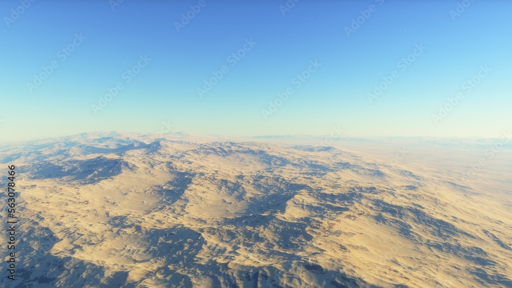 Fototapeta premium Exoplanet fantastic landscape. Beautiful views of the mountains and sky with unexplored planets. 3D illustration. 