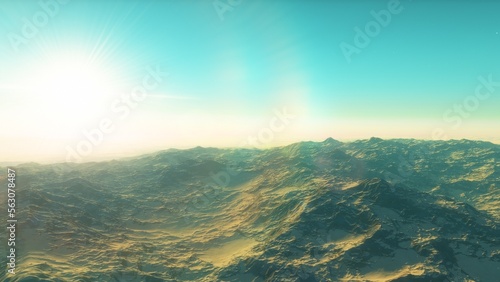 Exoplanet fantastic landscape. Beautiful views of the mountains and sky with unexplored planets. 3D illustration. 