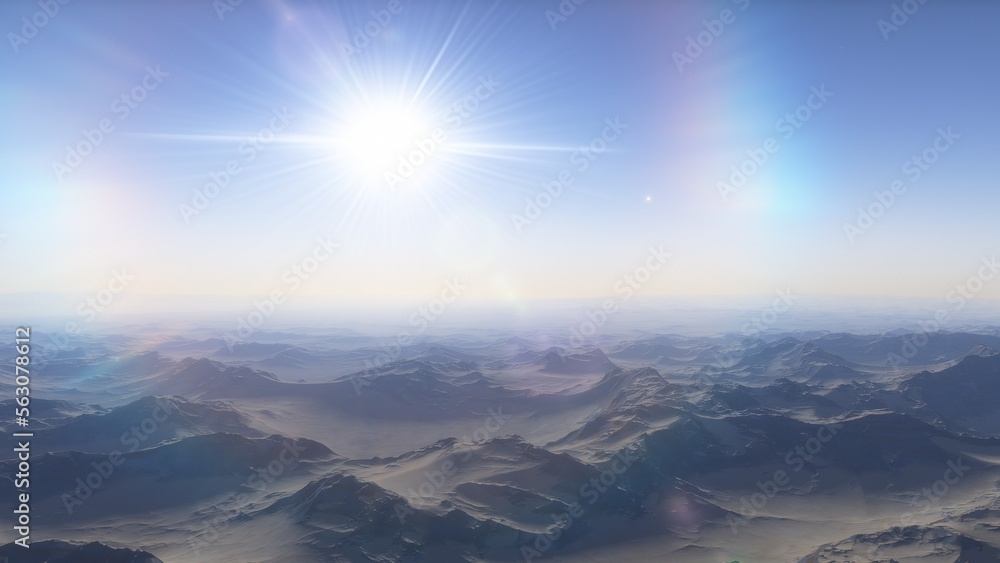 alien planet landscape, science fiction illustration, view from a beautiful planet, beautiful space background 3d render
