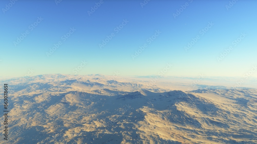 Naklejka premium alien planet landscape, science fiction illustration, view from a beautiful planet, beautiful space background 3d render 