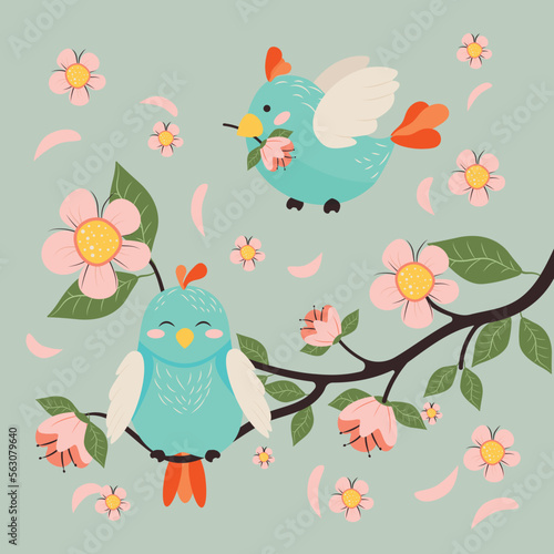 Spring bright design with flowers and cute birds. Holiday, love. Vector illustrations for postcards, covers, posters, banners, packaging and much more