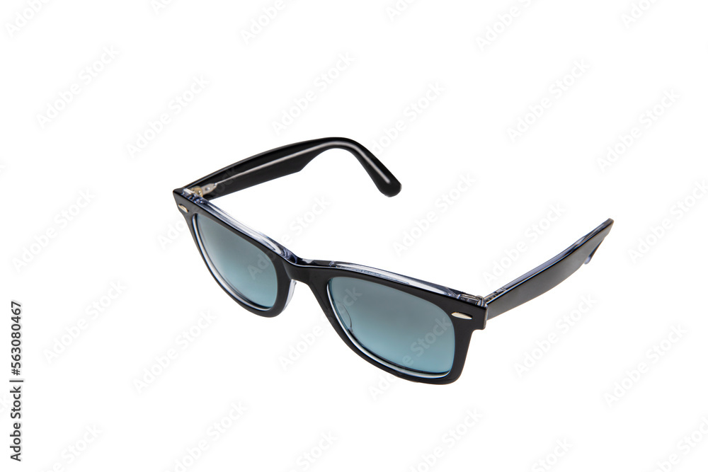 Sunglasses with tinted thick square horn frame, matte tinted lenses and thick rimmed sunglasses isolated on white background. Side view. Sunglasses with tinted thick square horn frame, matte tinted lenses and thick rimmed sunglasses isolated on white background. Side view.